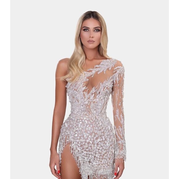 Albina Dyla Short Silver One Sleeved Dress - Picture 3 of 11